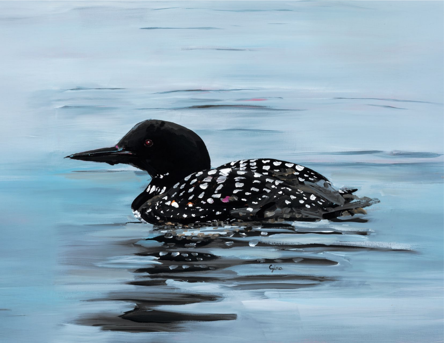Lone loon gliding across Spring Lake — wildlife art card by Birds on a Cup
