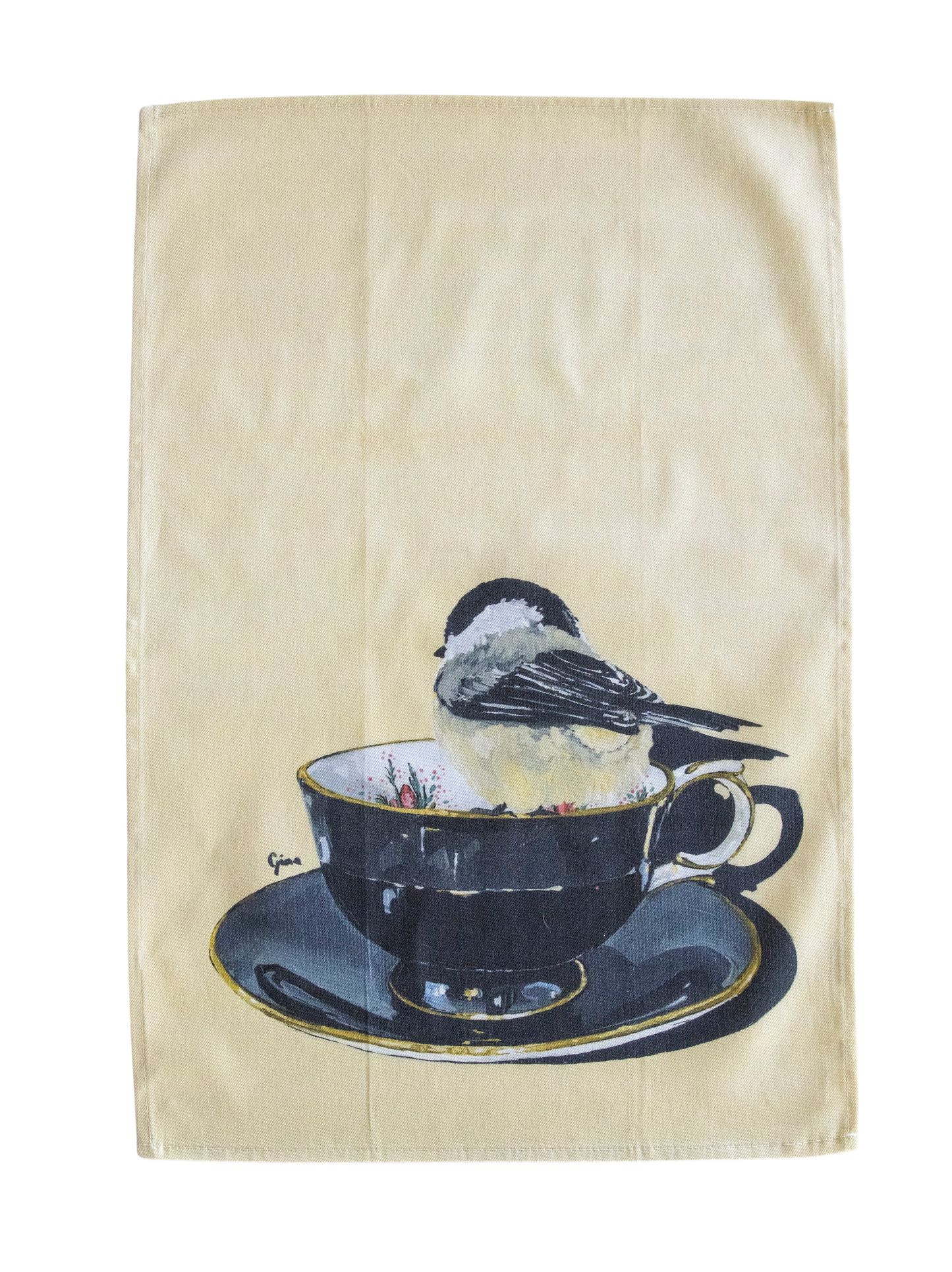 Chickadee in classic style — bird art tea towel by Birds on a Cup