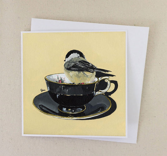 Chickadee on Vintage Black Teacup art card — Birds on a Cup