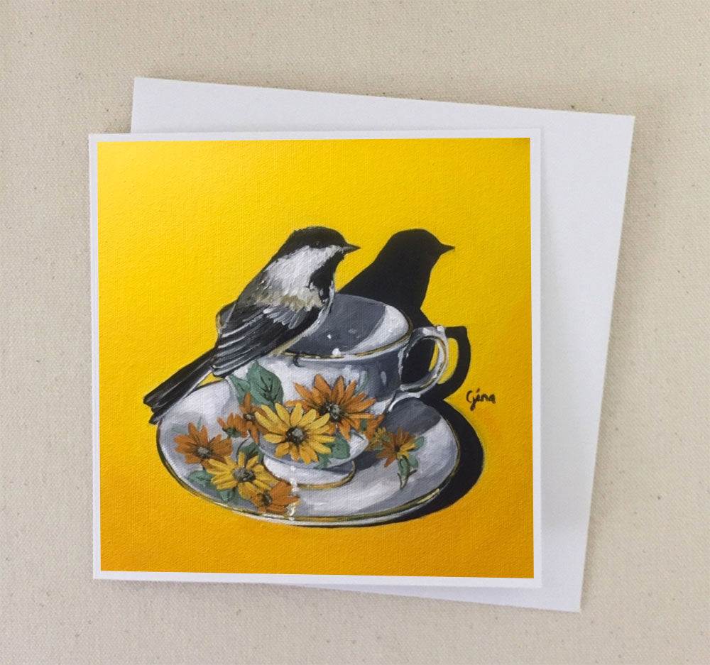 Chickadee perched on a floral teacup — bird art card by Birds on a Cup