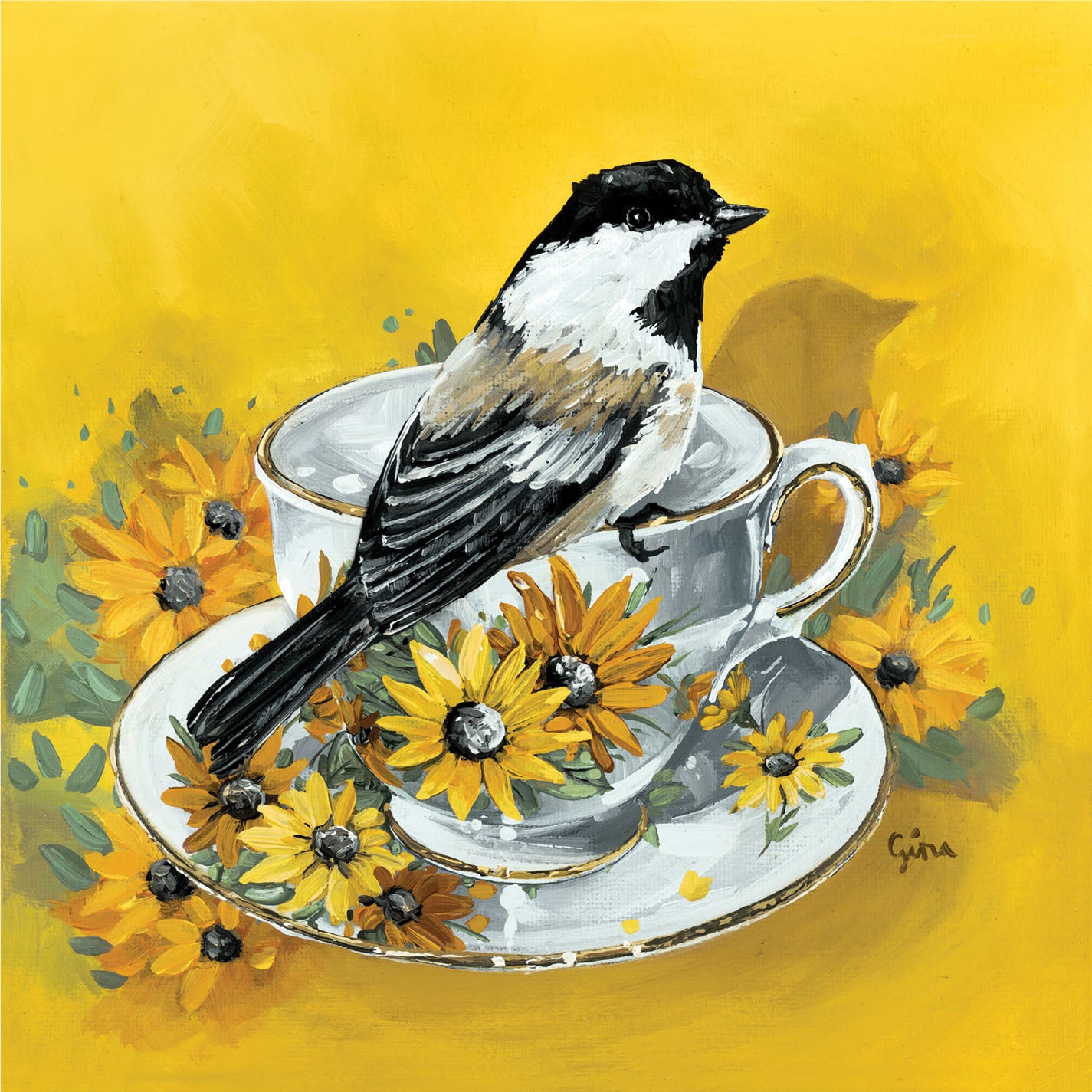 Chickadee on a floral teacup with matching floral background — bird art card by Birds on a Cup
