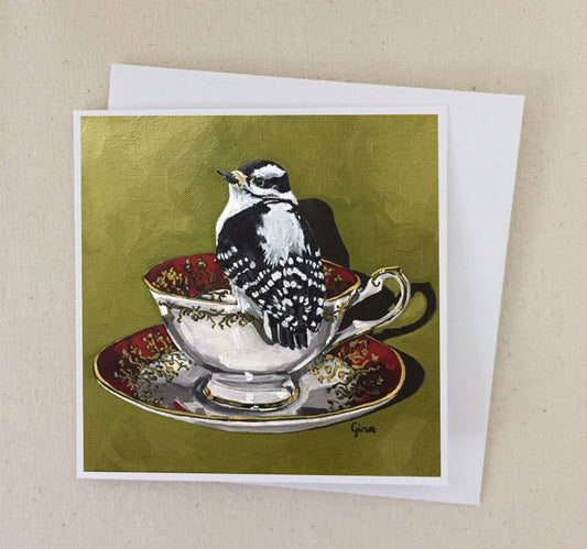 Female Downy Woodpecker on Crimson Teacup art card — Birds on a Cup