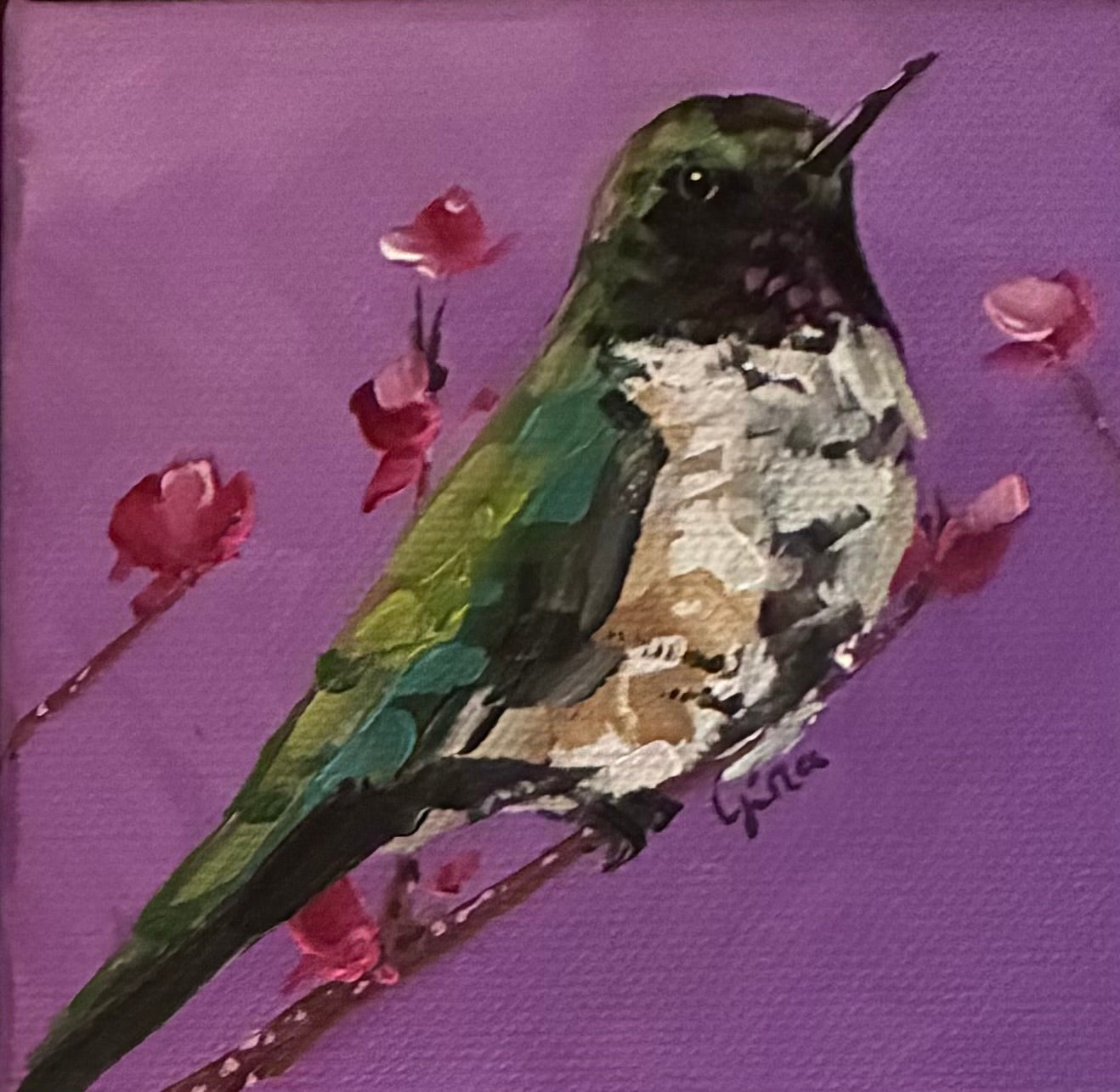Ruby-throated hummingbird in a rare moment of stillness against a purple background — original acrylic painting by Birds on a Cup