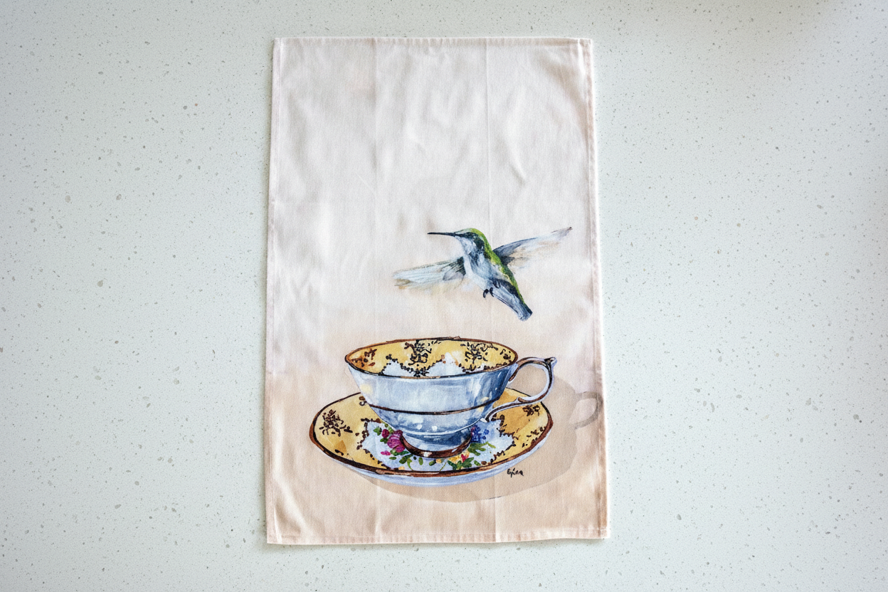 Hummingbird hovering over a teacup — bird art tea towel by Birds on a Cup