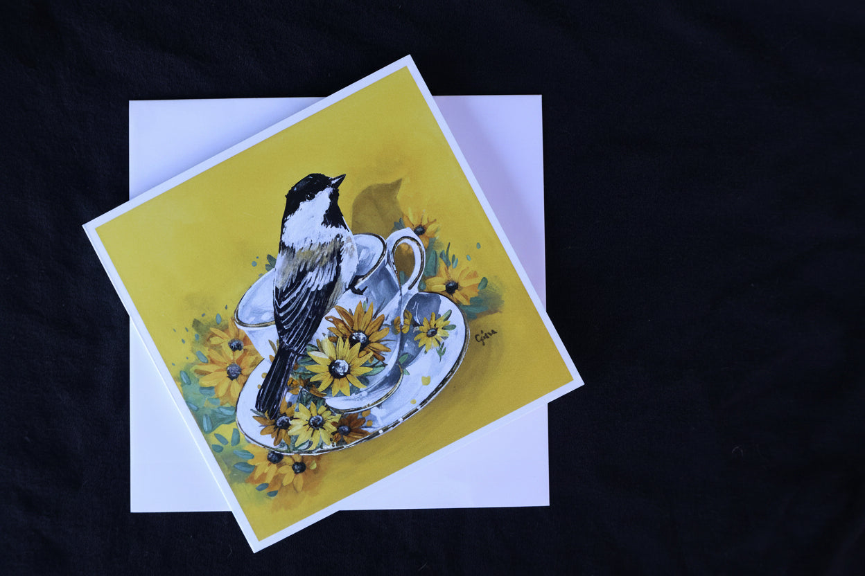 Chickadee on a Floral Teacup with Floral Background — Art Card