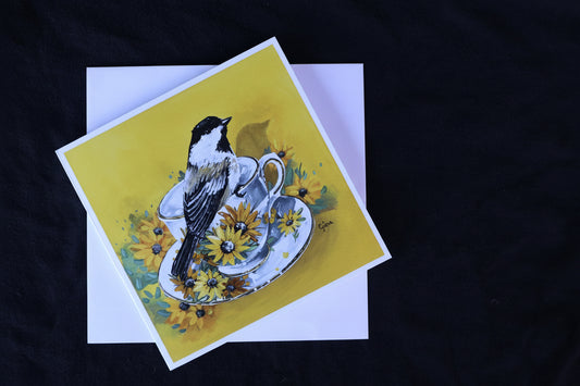 Chickadee on a Floral Teacup with Floral Background — Art Card