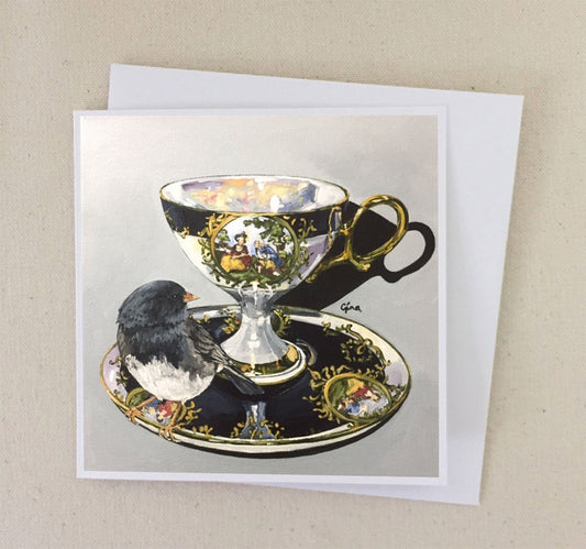 Male Dark-Eyed Junco on Antique Japanese Long Stemmed Teacup art card — Birds on a Cup