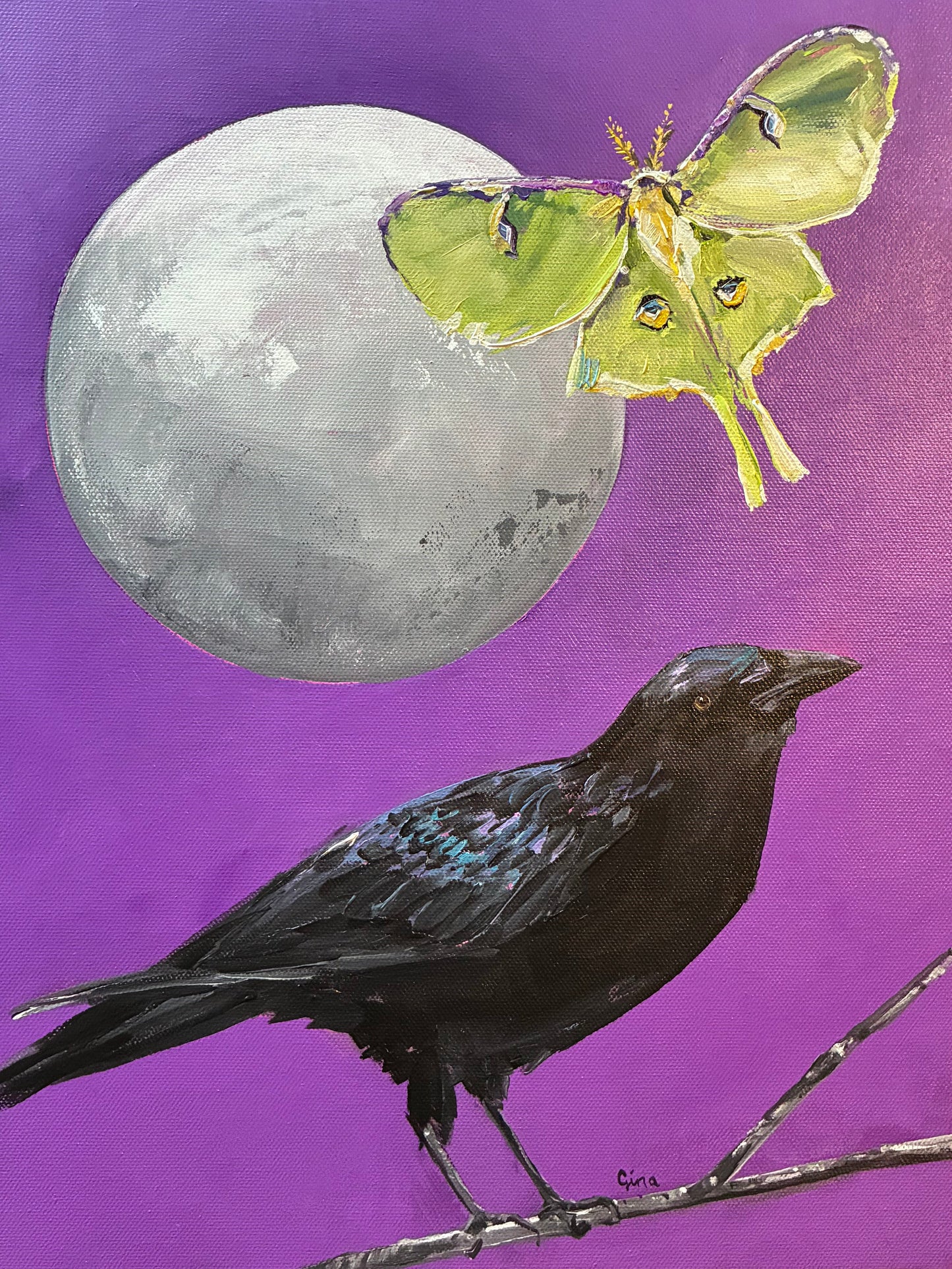 Blackbird in moonlight with moth — original acrylic painting by Birds on a Cup