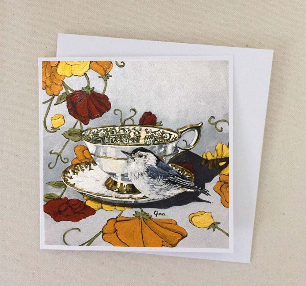 Nuthatch on Vintage Gold Rimmed Teacup art card — Birds on a Cup