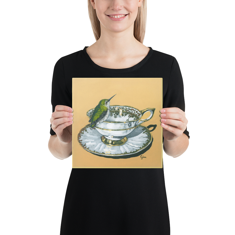 Green hummingbird on a gold rimmed teacup — 10x10 canvas print by Birds on a Cup