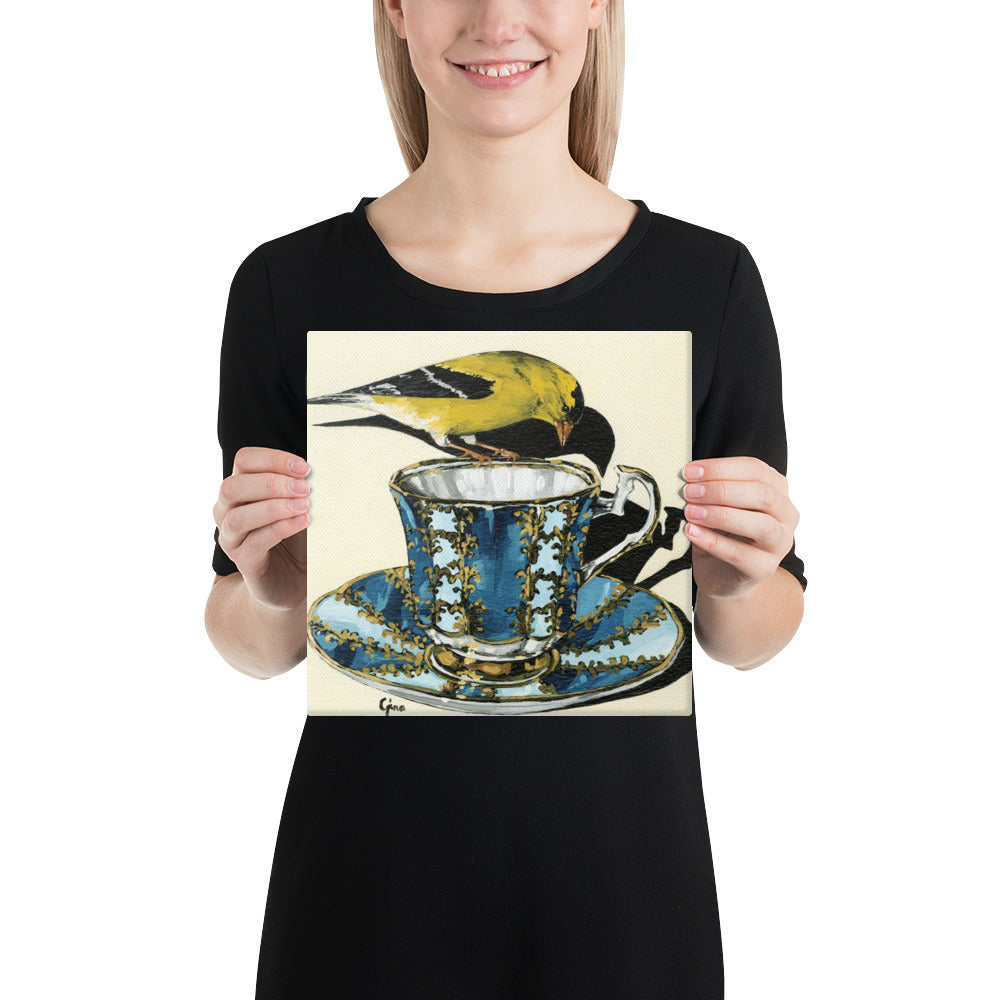 Goldfinch on a blue and gold teacup — 10x10 canvas print by Birds on a Cup
