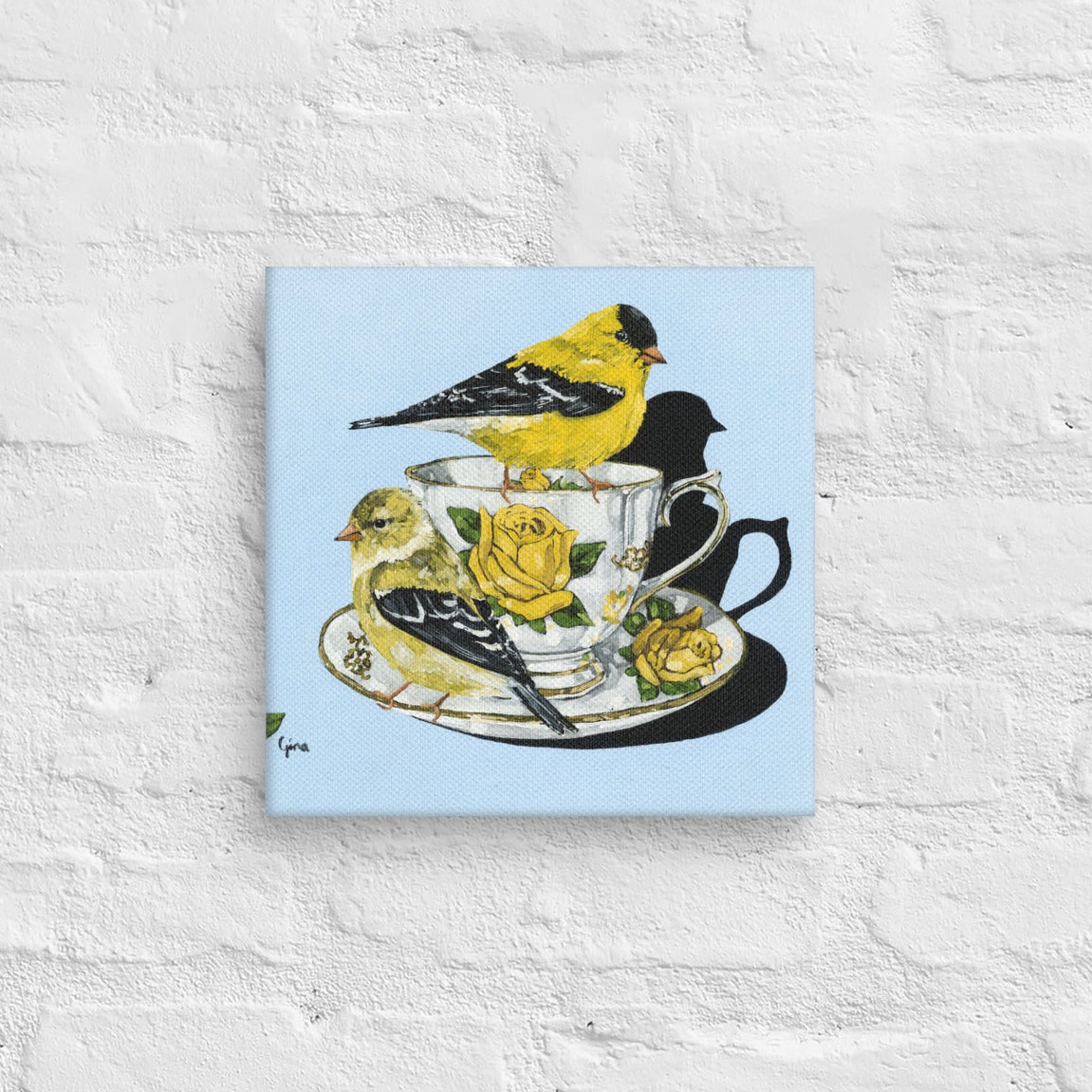 Two birds perched on a teacup — 10x10 canvas print by Birds on a Cup