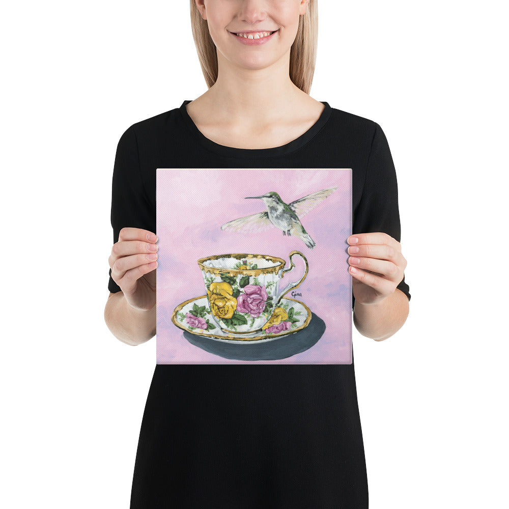 Hummingbird in flight over a floral teacup — 10x10 canvas print by Birds on a Cup