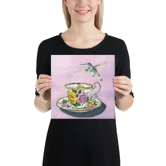 Hummingbird in flight over a floral teacup — 10x10 canvas print by Birds on a Cup