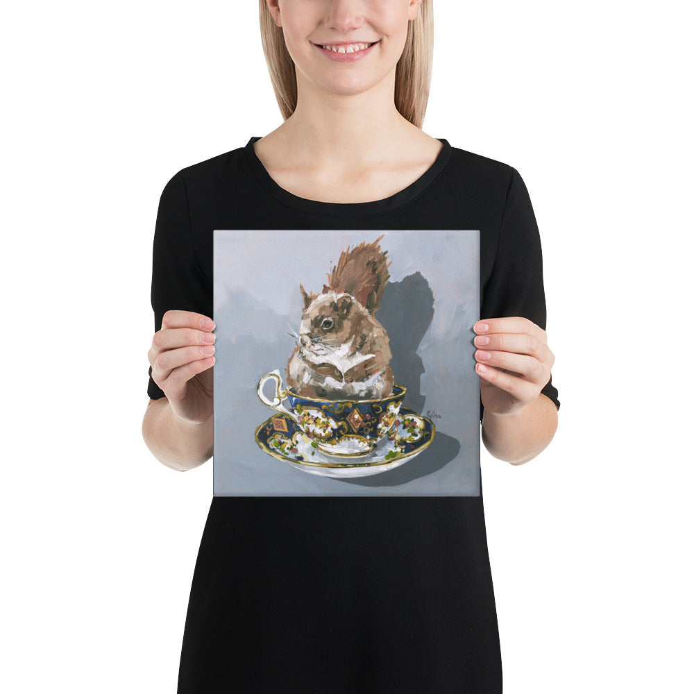 Squirrel tucked into a teacup — 10x10 canvas print by Birds on a Cup