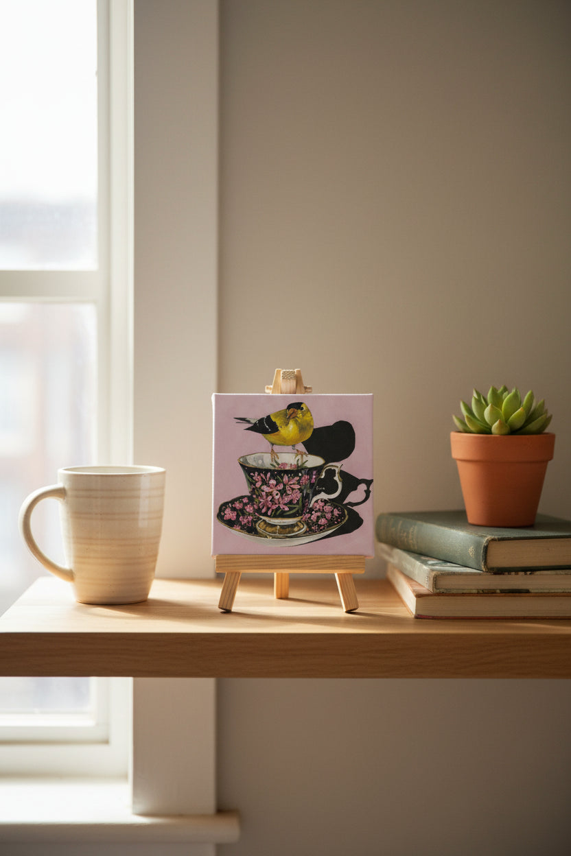 Goldfinch perched on a teacup having a cuppa — 10x10 canvas print by Birds on a Cup