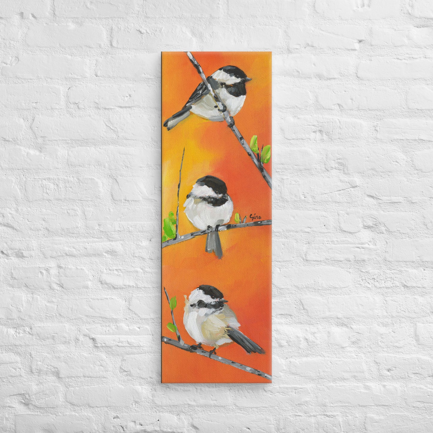 Three little birds — 12x36 canvas print by Birds on a Cup