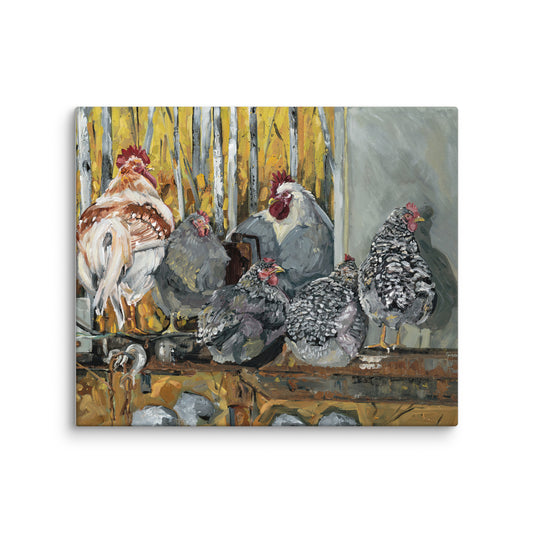 Chickens on a hitch — canvas print by Birds on a Cup