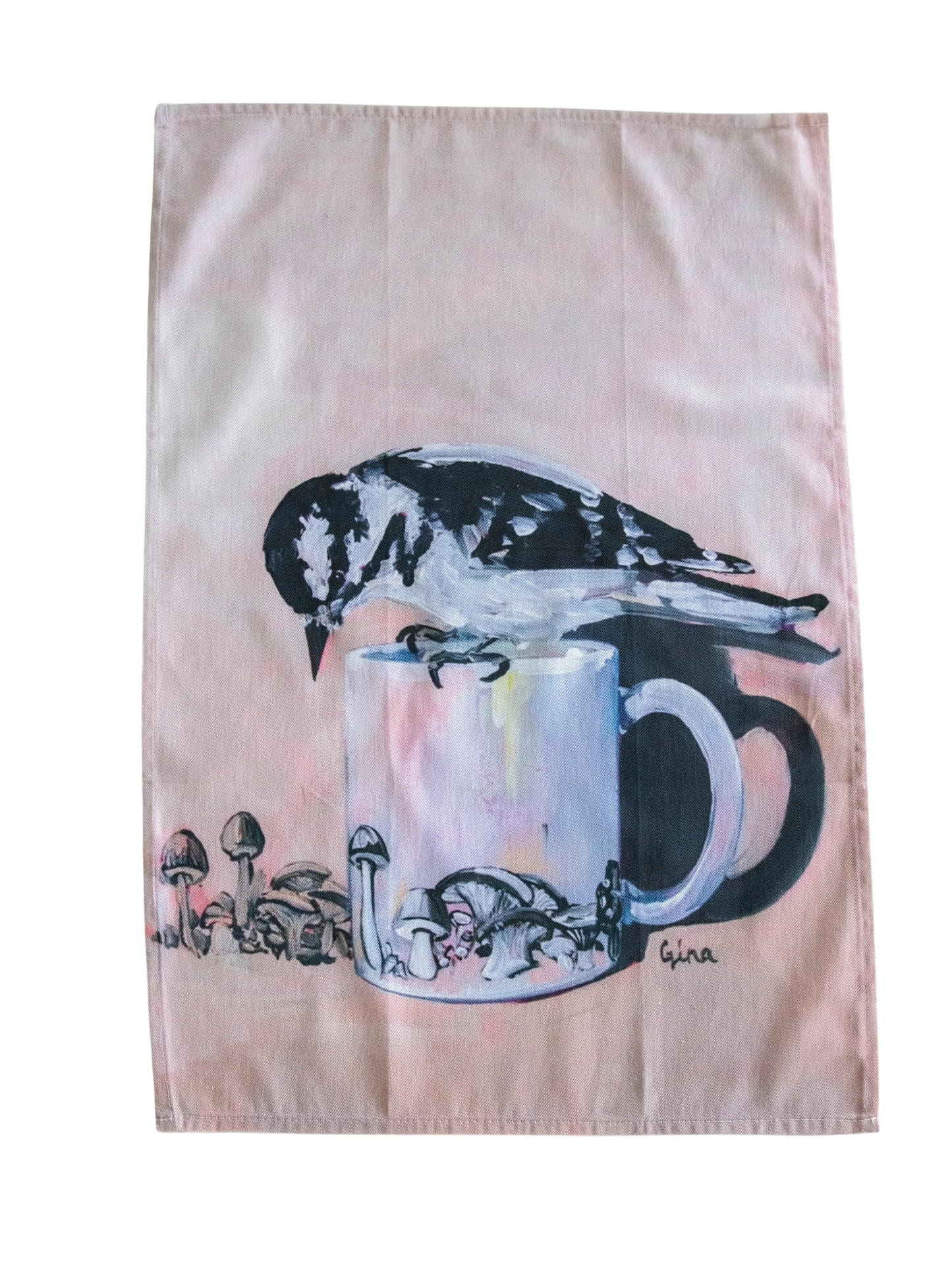 Downy Woodpecker perched on a mushroom mug — bird art tea towel by Birds on a Cup