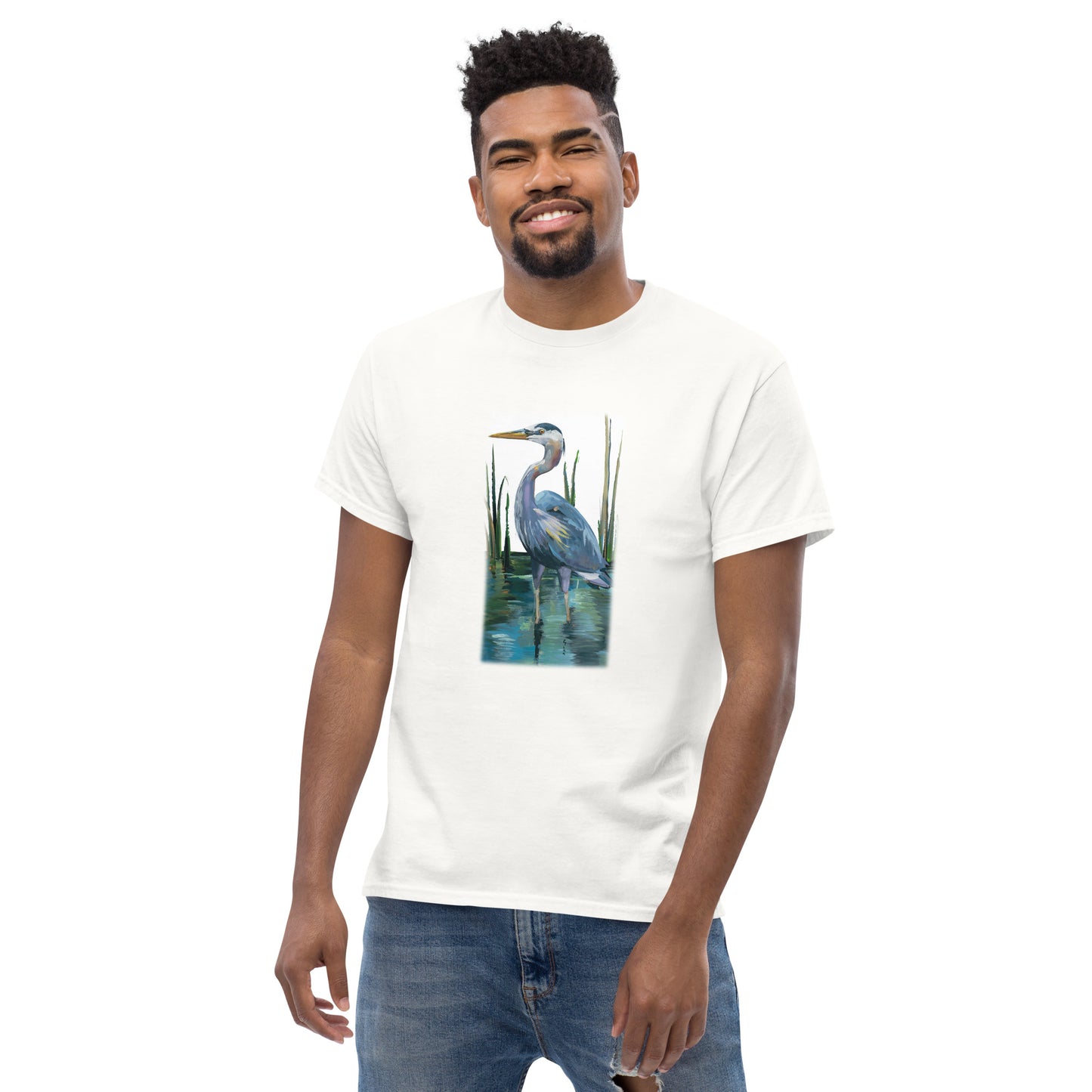 Heron in a Rush — unisex bird art t-shirt by Birds on a Cup