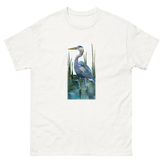 Heron in a Rush — unisex bird art t-shirt by Birds on a Cup