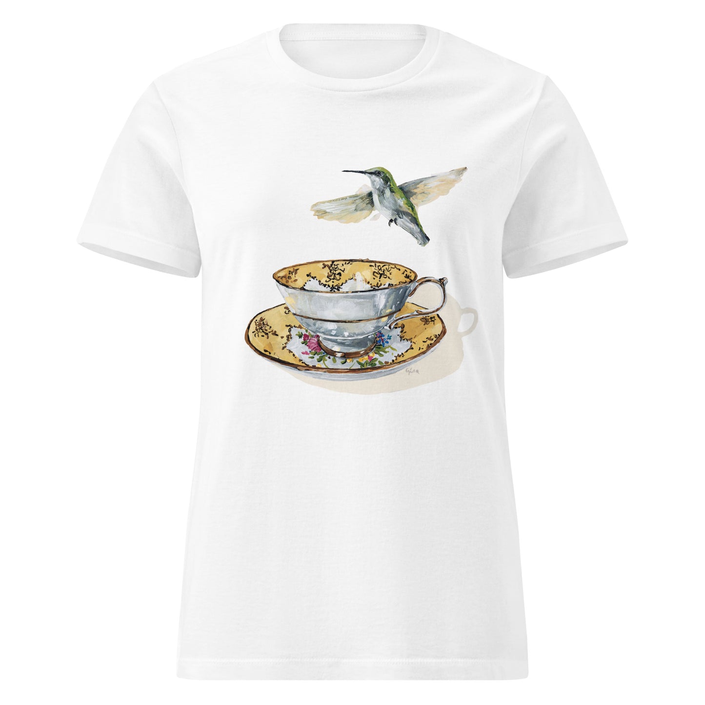 Hummingbird on a gold rimmed teacup — women's bird art t-shirt by Birds on a Cup