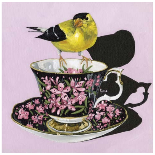 American Goldfinch perched on a vintage flora