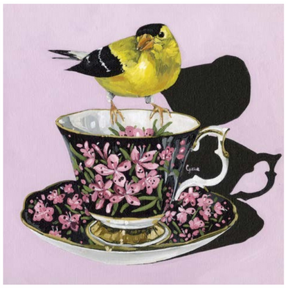 American Goldfinch perched on a vintage flora