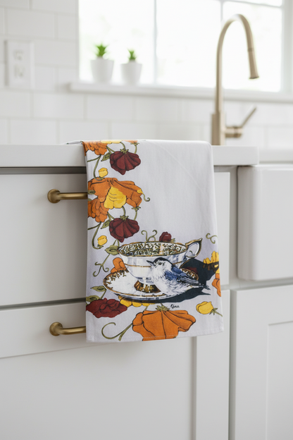 Nuthatch perched on a vintage saucer — bird art tea towel by Birds on a Cup