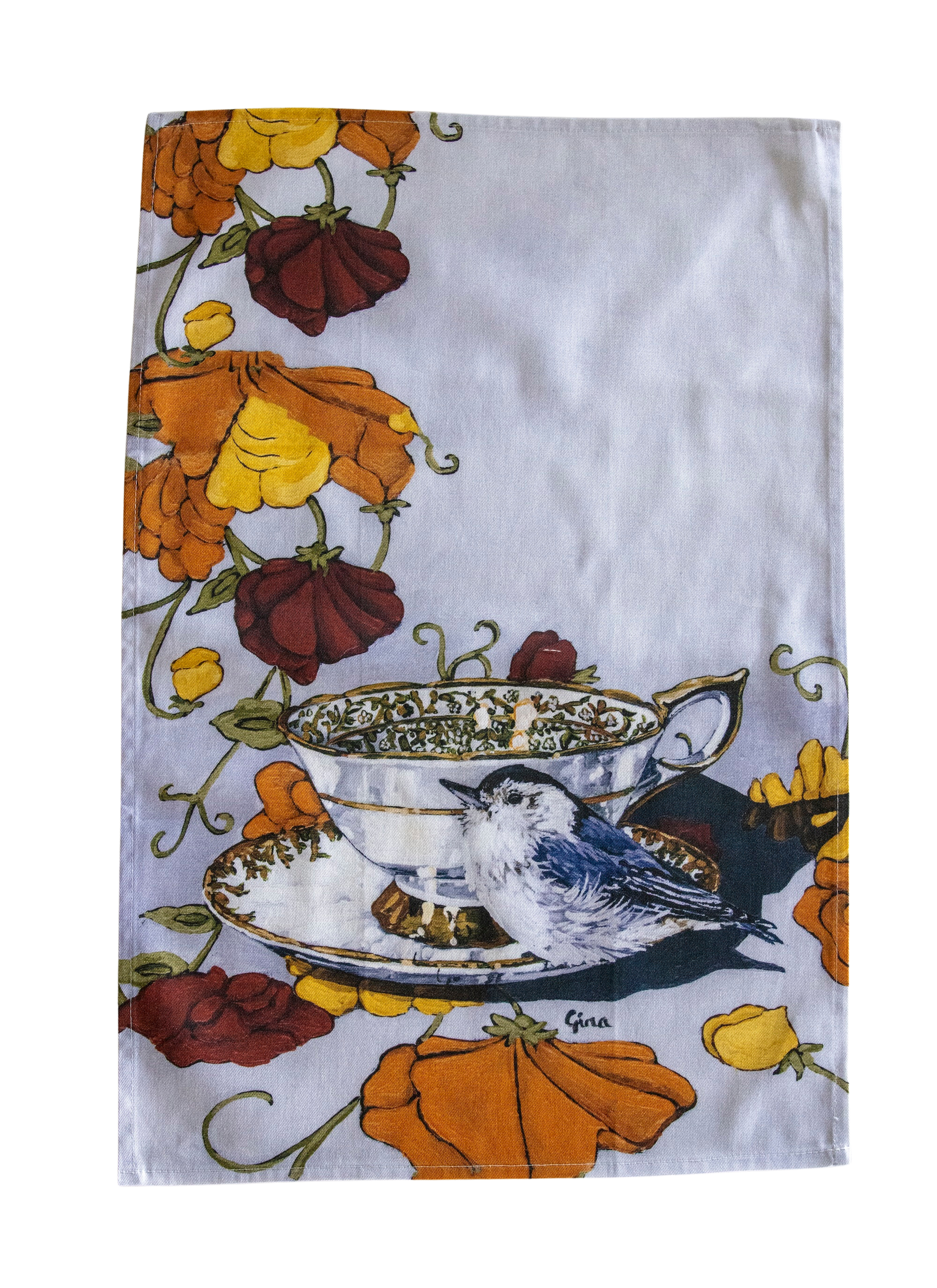 Nuthatch perched on a vintage saucer — bird art tea towel by Birds on a Cup