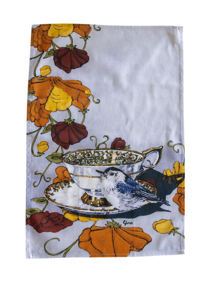 Nuthatch perched on a vintage saucer — bird art tea towel by Birds on a Cup