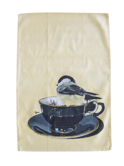 Chickadee in classic style — bird art tea towel by Birds on a Cup