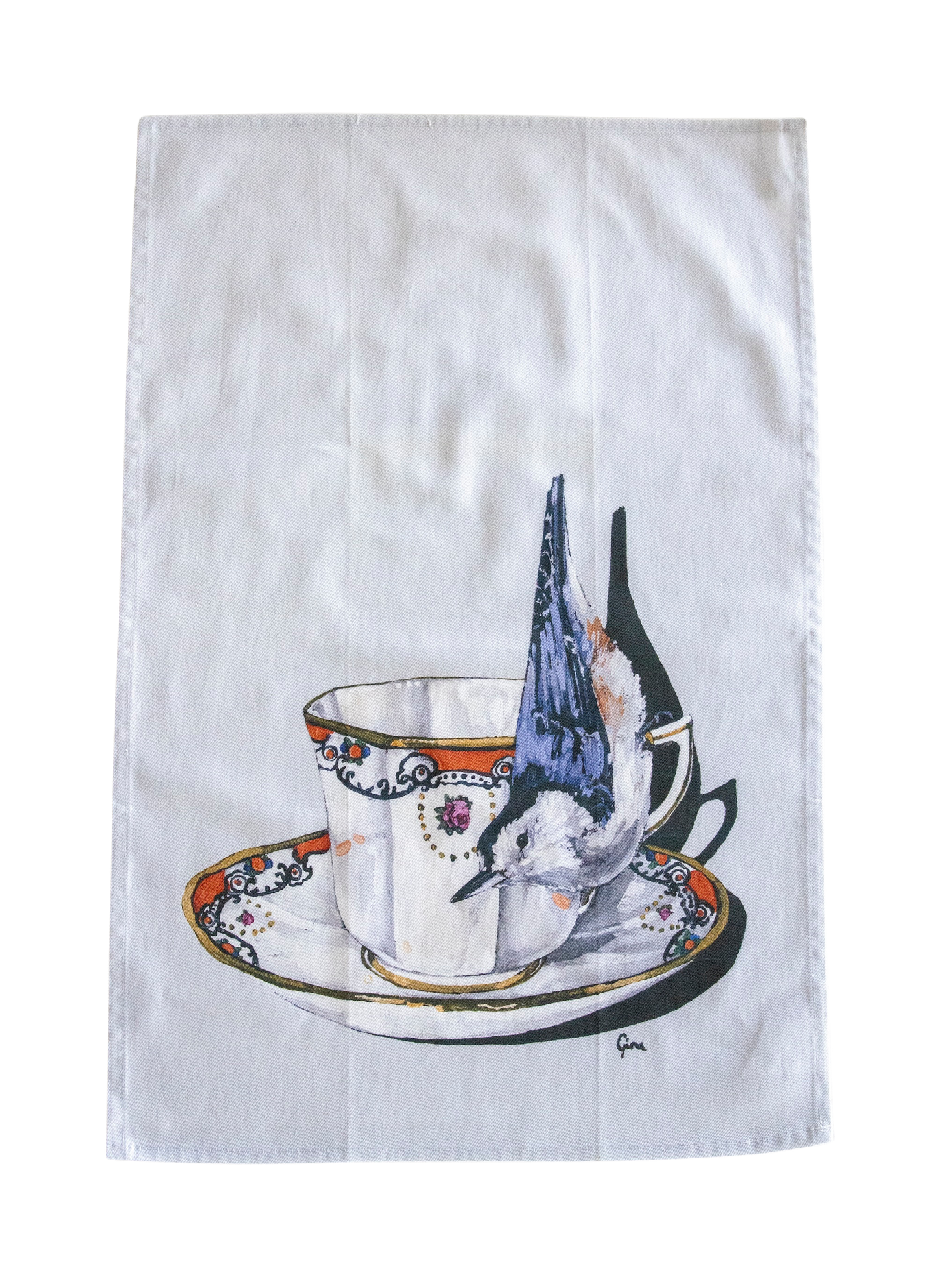 Nuthatch perched on a teacup — bird art tea towel by Birds on a Cup