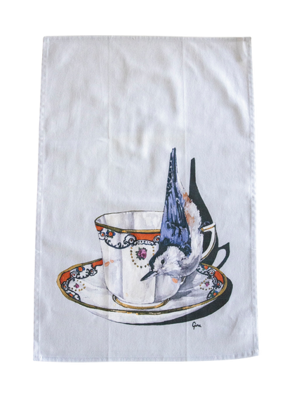 Nuthatch perched on a teacup — bird art tea towel by Birds on a Cup