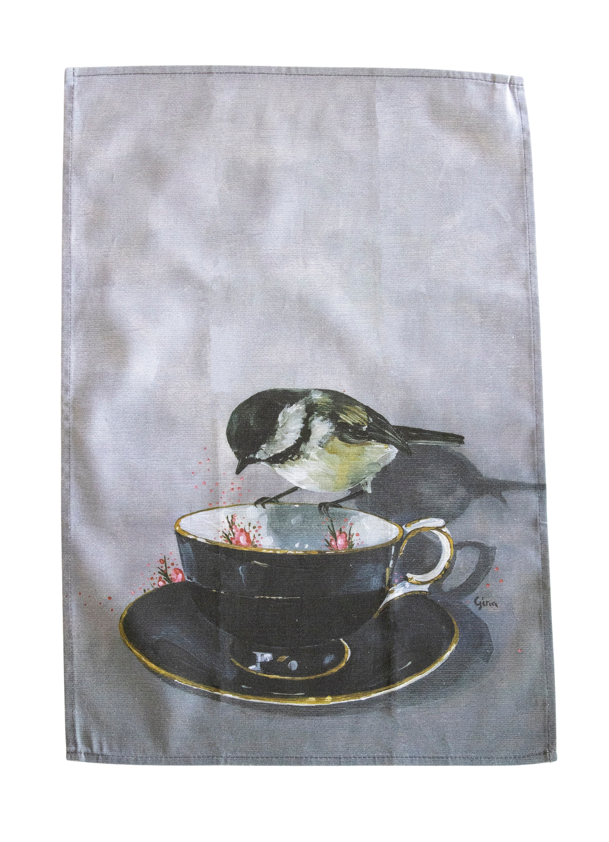 Chickadee perched on a black tea cup — bird art tea towel by Birds on a Cup