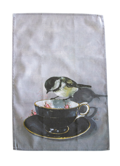 Chickadee perched on a black tea cup — bird art tea towel by Birds on a Cup