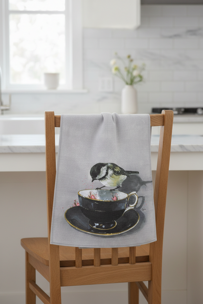Chickadee perched on a black tea cup — bird art tea towel by Birds on a Cup