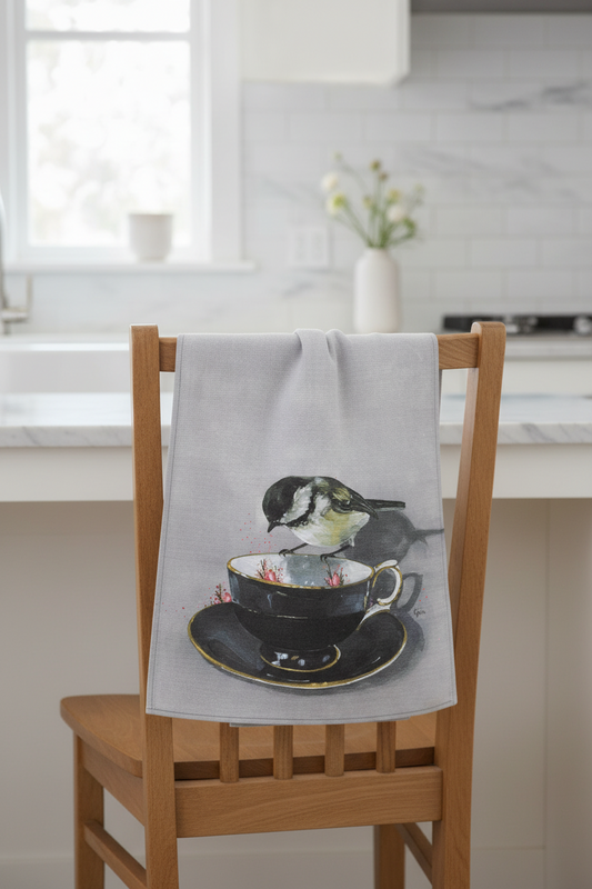Chickadee perched on a black tea cup — bird art tea towel by Birds on a Cup