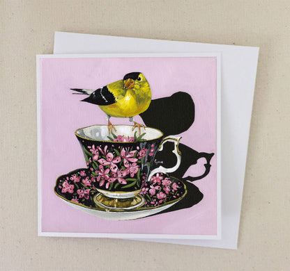 American Goldfinch on Vintage Floral Teacup art card — Birds on a Cup