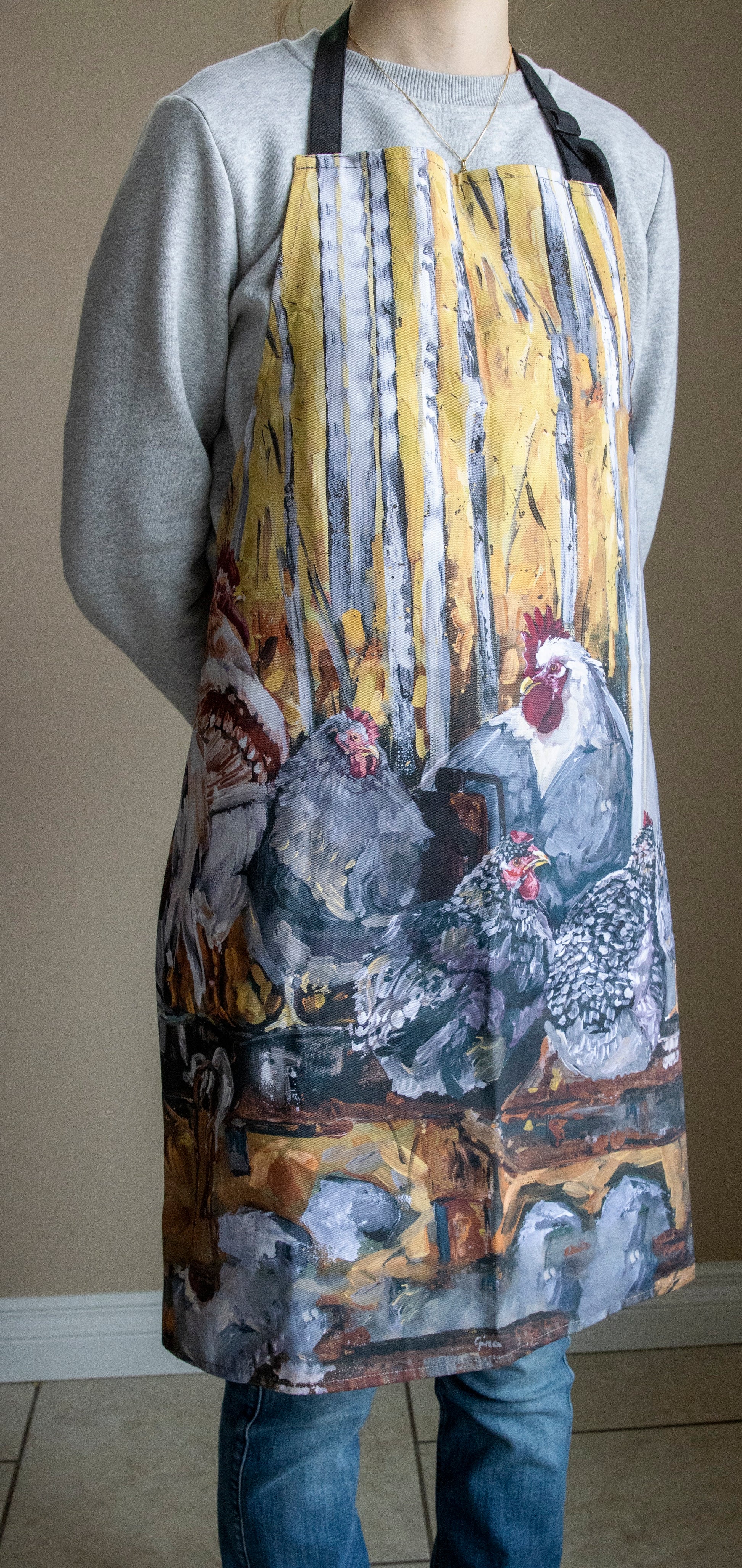 Chickens on a Hitch chef's apron — illustrated kitchen apron by Birds on a Cup