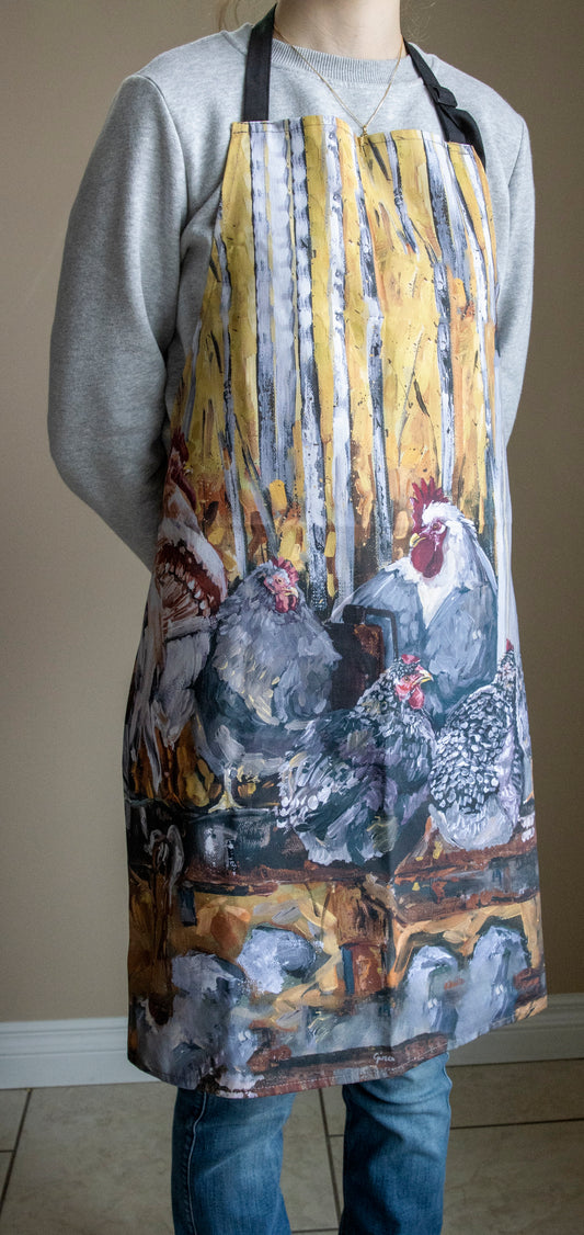 Chickens on a Hitch chef's apron — illustrated kitchen apron by Birds on a Cup