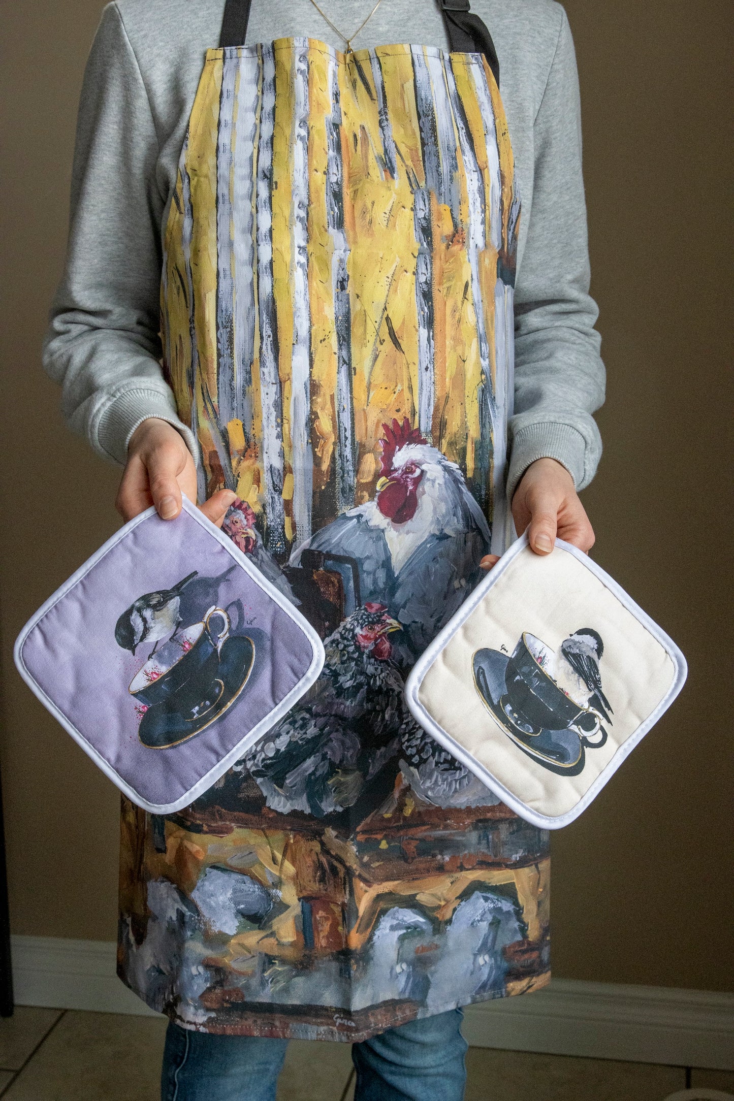 Chickens on a Hitch chef's apron — illustrated kitchen apron by Birds on a Cup