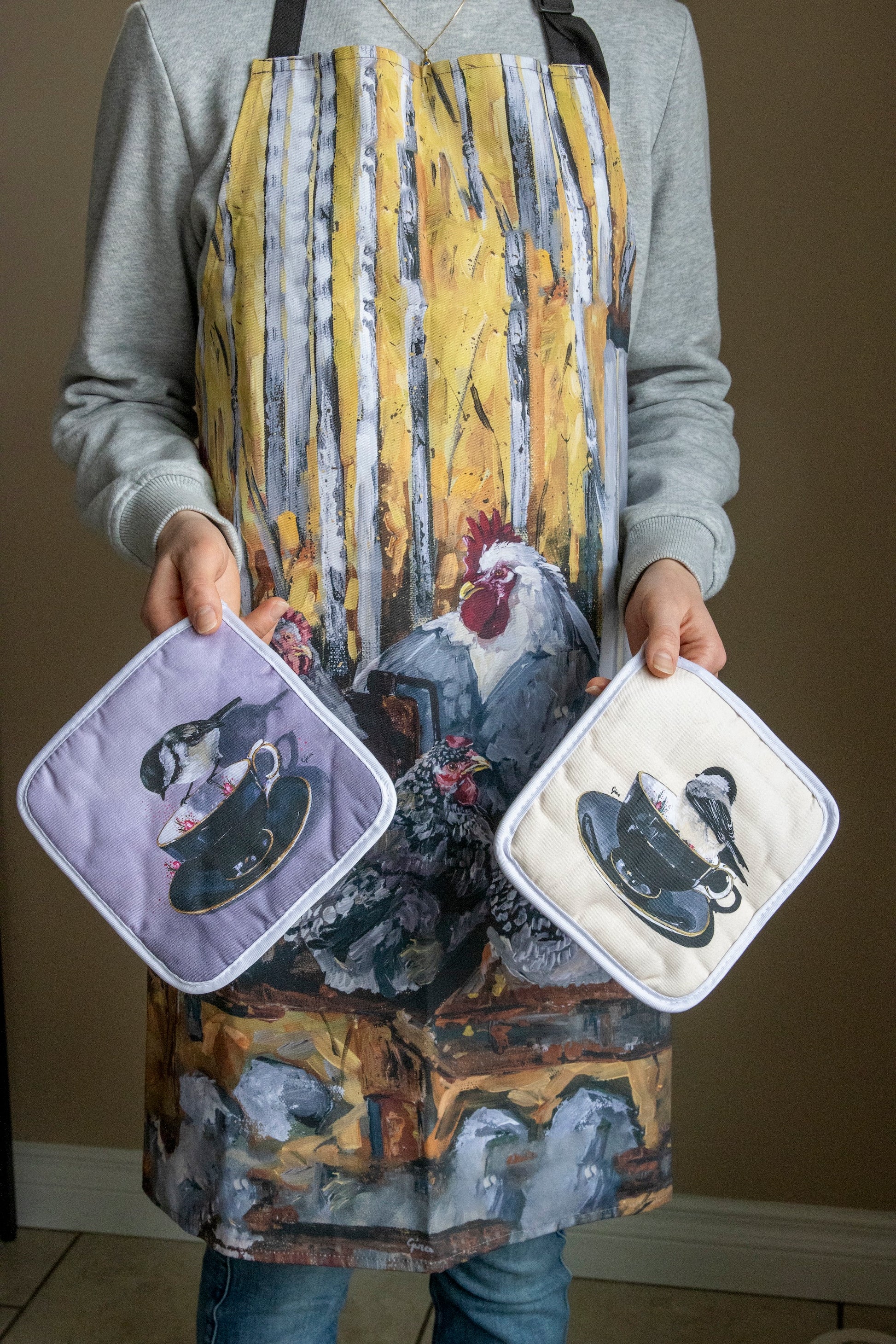 Chickens on a Hitch chef's apron — illustrated kitchen apron by Birds on a Cup