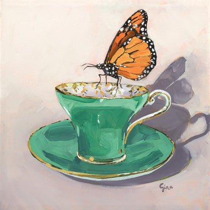 Delicate butterfly hovering over a delicate teacup — original acrylic painting by Birds on a Cup
