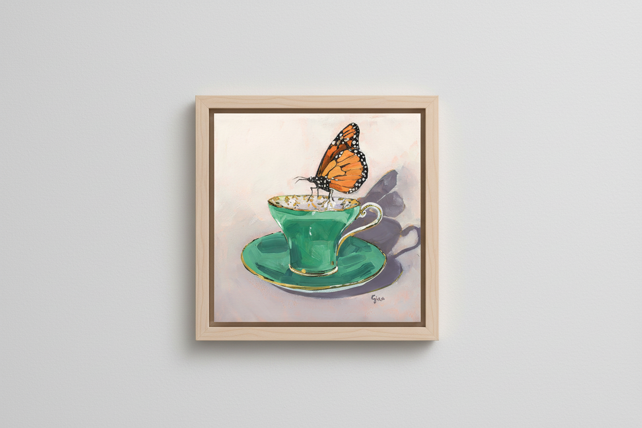 Delicate Butterfly over Delicate Tea Cup detail — original painting by Birds on a Cup
