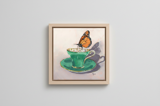 Delicate Butterfly over Delicate Tea Cup detail — original painting by Birds on a Cup
