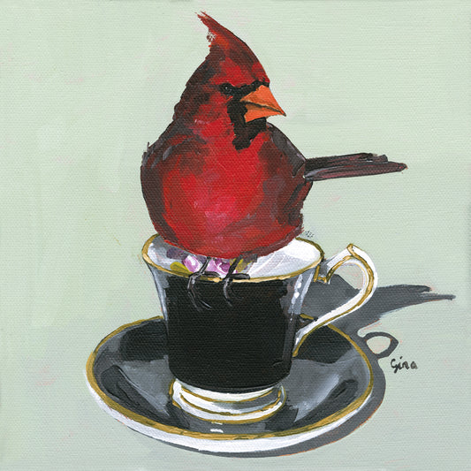 Bold red Cardinal perched on a black teacup — bird art card by Birds on a Cup