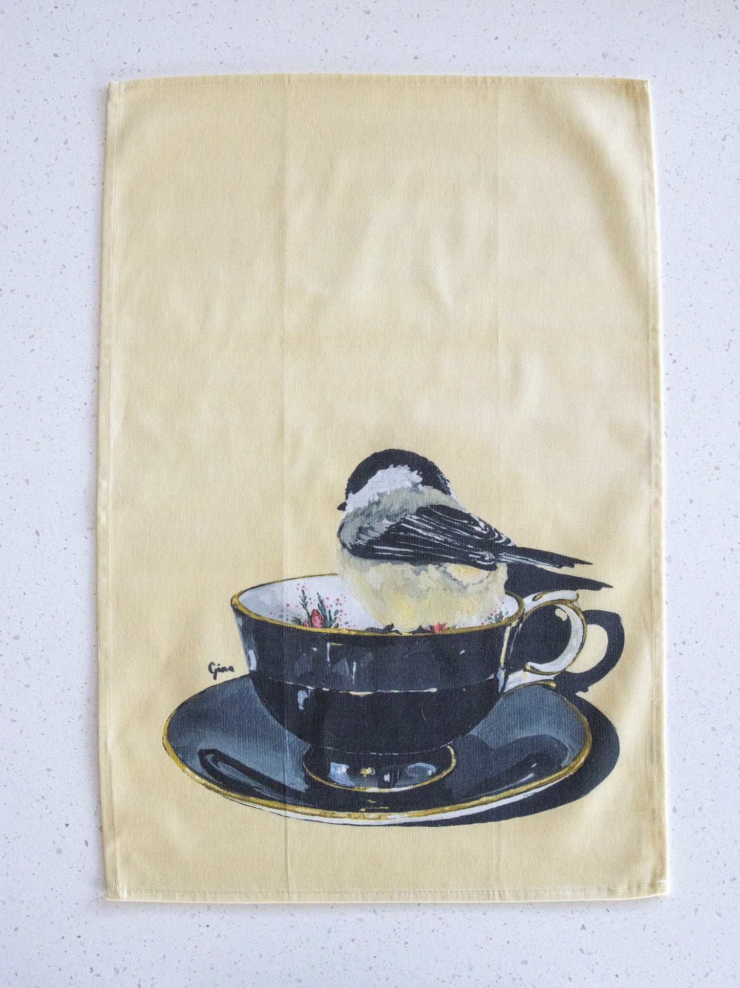 Chickadee in classic style — bird art tea towel by Birds on a Cup