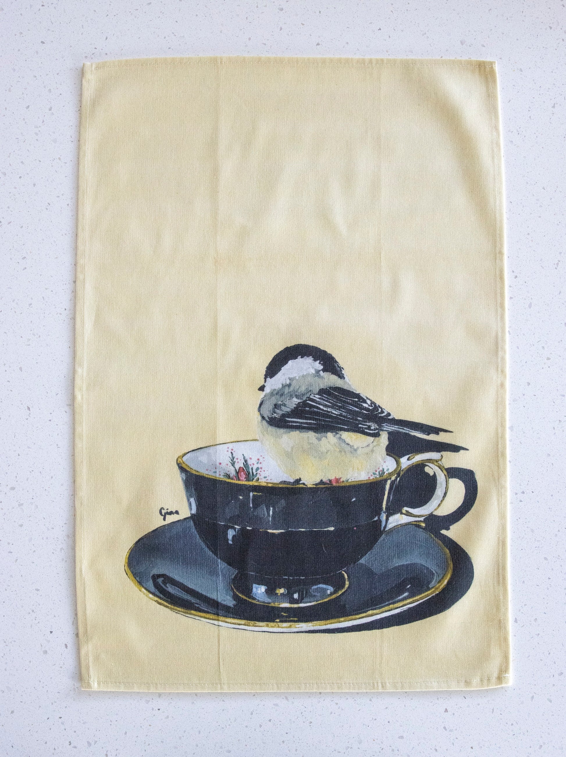 Chickadee in classic style — bird art tea towel by Birds on a Cup