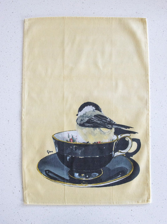 Chickadee in classic style — bird art tea towel by Birds on a Cup